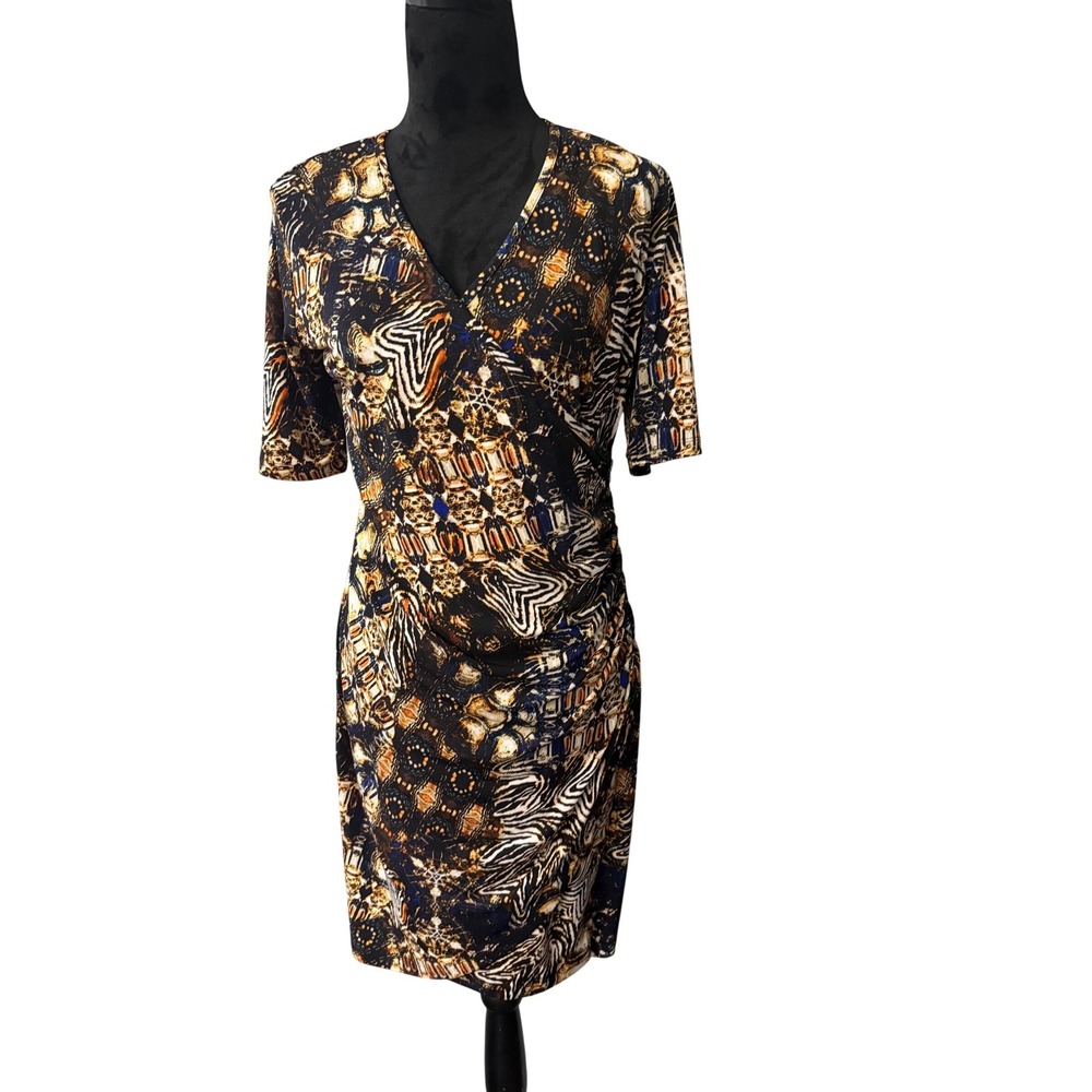 Cato Womens Animal Geometric Print Ruched Sheath Dress Size 10 Multicolor V-Neck